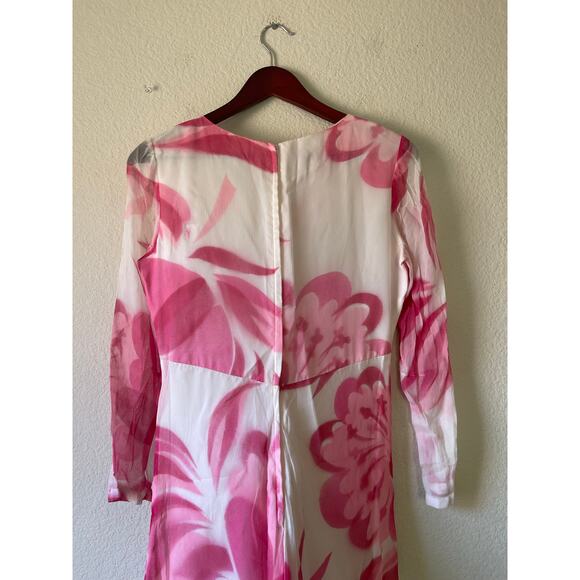 Vintage 60s/70s chiffon long maxi gown pink floral with sheer sleeves small - Picture 2 of 8